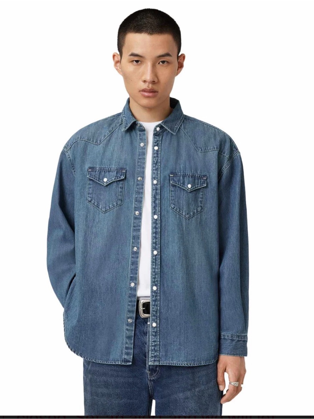 NEW Allsaints Fenton Shirt Denim Pearl Snap Mens Sz S Western Designer Urban
